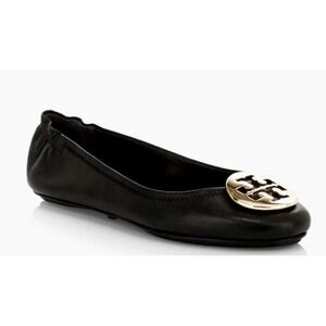 Authentic Tory Burch Claire Black Size 6.5 7 Ballet Flats‎ Gold Logo Medallion